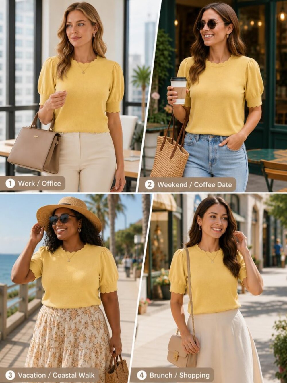Women's Light Yellow Short Sleeve Crew Neck Pull On Imported Casual Sweater - Picture 2 of 6
